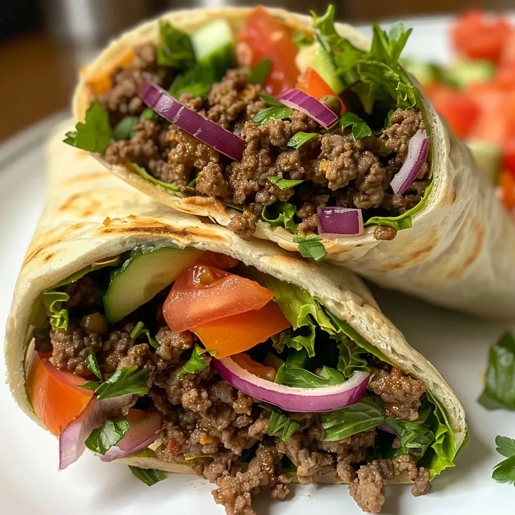 Close-up view of a Mediterranean Ground Beef Pita Wrap filled with fresh vegetables and garnished with parsley.