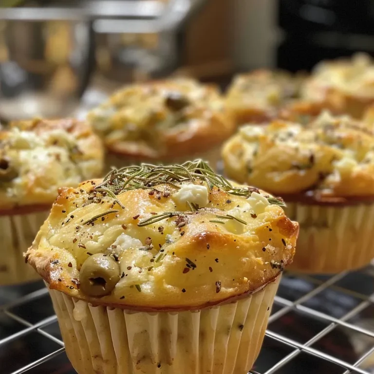 ['Close-up side view of a golden brown Mediterranean muffin with visible feta and olives.', 'Juicy Mediterranean muffin showcasing crumbled feta cheese and sliced olives, captured in detail.', 'Side view of a fluffy muffin filled with Mediterranean ingredients, highlighting its texture.', 'Detailed close-up of a Mediterranean muffin, revealing chunks of feta and green olives.']