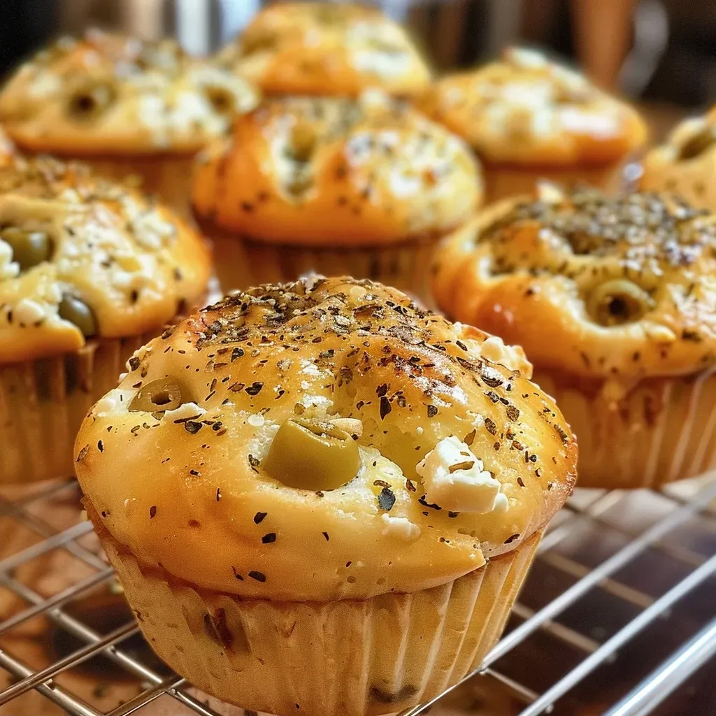 Close-up side view of a golden brown Mediterranean muffin with visible feta and olives.