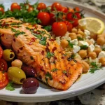 ['A close-up view of beautifully plated Mediterranean salmon with colorful toppings.', 'Juicy salmon fillets garnished with cherry tomatoes and olives in a vibrant arrangement.', 'Side view of a Mediterranean-inspired salmon dish with herbs, olives, and rice.', 'A mouthwatering portion of salmon surrounded by fresh vegetables and herbs.']