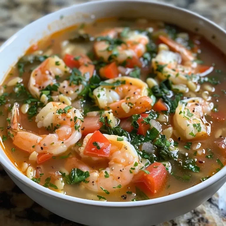 ['Close-up view of a bowl of Mediterranean Shrimp Soup with colorful bell peppers and shrimp.', 'Side view of a vibrant Mediterranean Shrimp Soup featuring chunks of tomatoes and fresh herbs.', 'Detailed shot of a hearty bowl of Mediterranean Shrimp Soup with orzo pasta and spinach.', 'Freshly made Mediterranean Shrimp Soup filled with shrimp, scallops, and vegetables.']