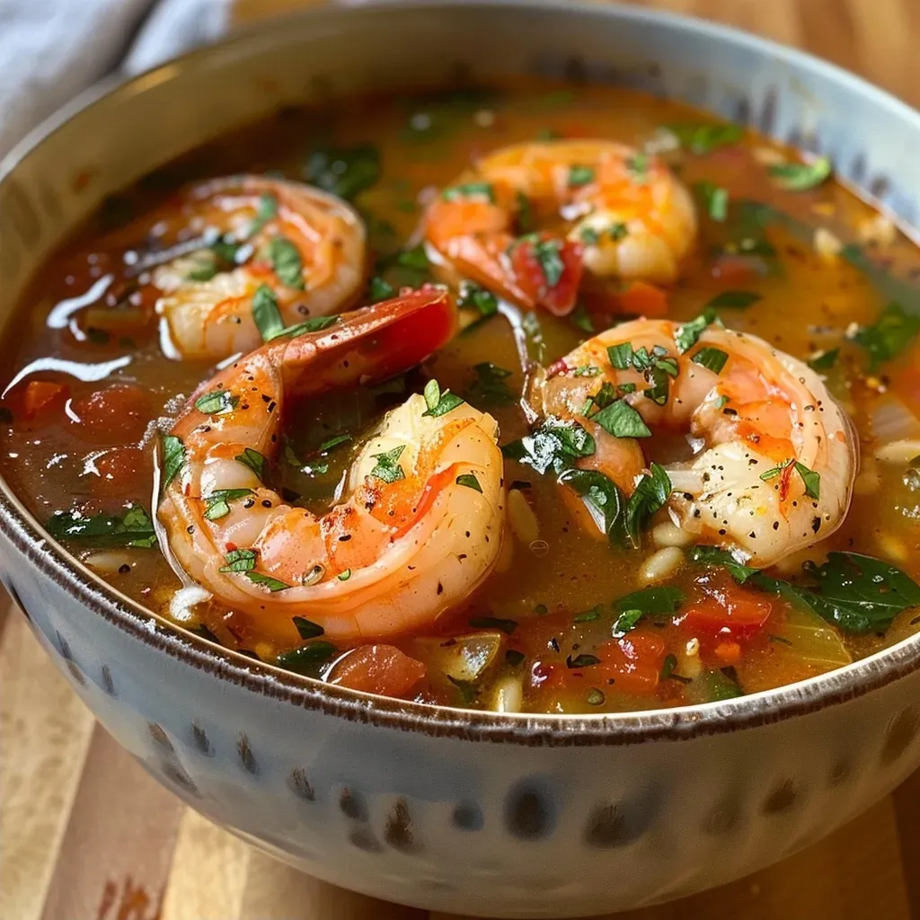 ['Close-up view of a bowl of Mediterranean Shrimp Soup with colorful bell peppers and shrimp.', 'Side view of a vibrant Mediterranean Shrimp Soup featuring chunks of tomatoes and fresh herbs.', 'Detailed shot of a hearty bowl of Mediterranean Shrimp Soup with orzo pasta and spinach.', 'Freshly made Mediterranean Shrimp Soup filled with shrimp, scallops, and vegetables.']
