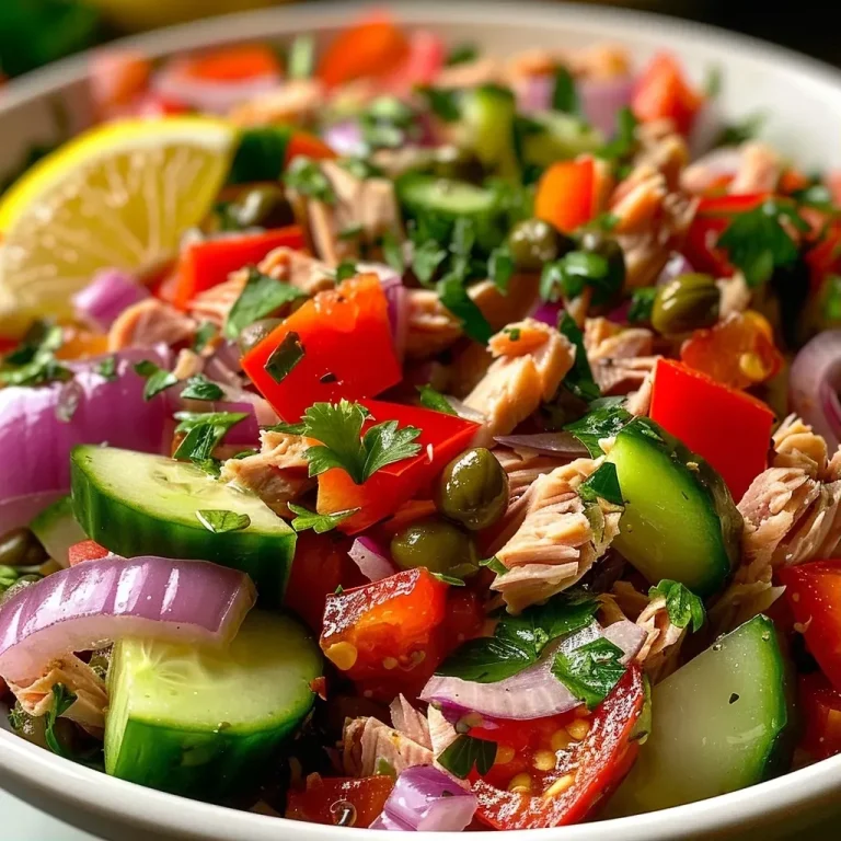 ['Close-up view of a Mediterranean tuna salad with visible ingredients.', 'Side view of a vibrant Mediterranean tuna salad showcasing fresh ingredients.', 'Detailed image of a colorful Mediterranean tuna salad in a bowl.', 'Fresh Mediterranean tuna salad featuring tuna, cottage cheese, and vegetables.']
