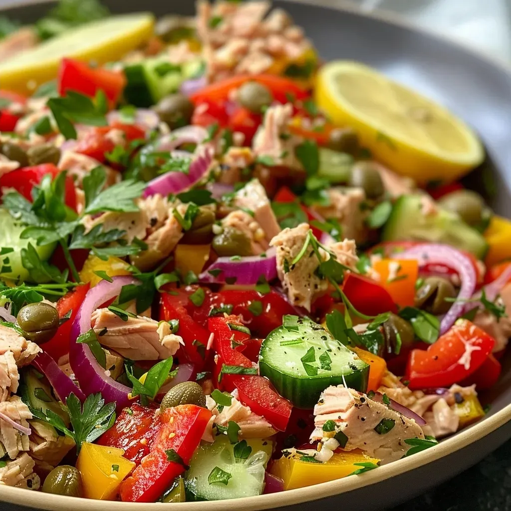 Close-up view of a Mediterranean tuna salad with visible ingredients.
