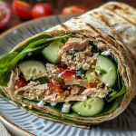 ['Side view of a Mediterranean Herb and Garlic Tuna Wrap filled with fresh ingredients.', 'Close-up of a juicy tuna wrap highlighting vibrant vegetables and herbs.', 'Delicious flatbread wrap with tuna, spinach, feta, and colorful veggies on display.', 'Appetizing view of a Mediterranean tuna wrap, showcasing its fresh ingredients and textures.']