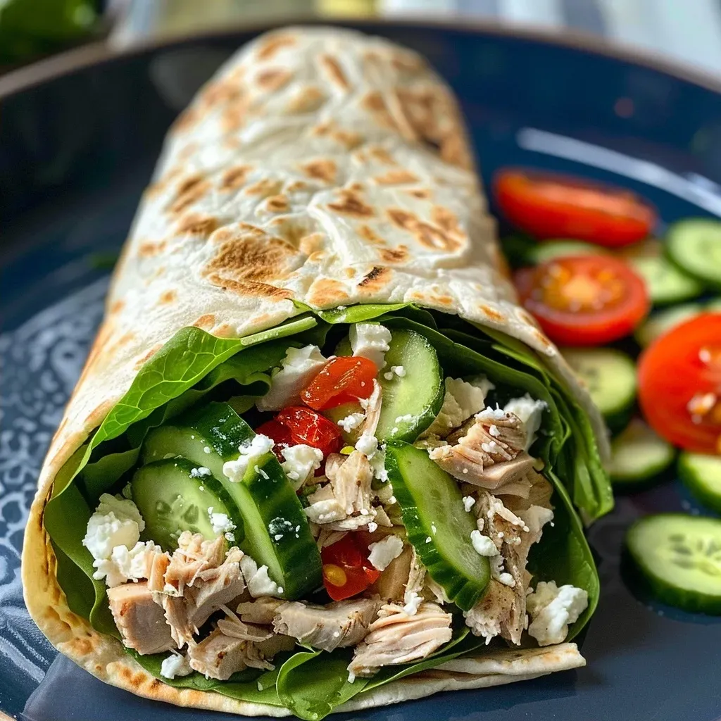 Side view of a Mediterranean Herb and Garlic Tuna Wrap filled with fresh ingredients.