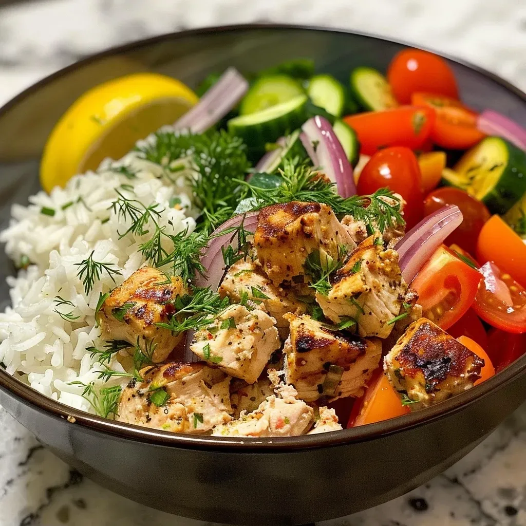 ['A colorful Mediterranean Turkey Bowl featuring ground turkey, rice, and fresh vegetables.', 'Close-up of a Mediterranean Turkey Bowl with ground turkey, tomatoes, and cucumbers.', 'A vibrant bowl showcasing layered Mediterranean ingredients, including turkey and herbs.', 'A side view of a delicious Mediterranean Turkey Bowl filled with rice and fresh toppings.']