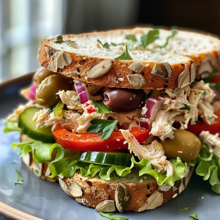 ['Close-up of a juicy Mediterranean Turkey Salad Sandwich with colorful ingredients.', 'Side view of a Mediterranean Turkey Salad Sandwich highlighting fresh vegetables and turkey.', 'A delicious sandwich filled with turkey, olives, and roasted red peppers, taken from the side.', 'Gourmet Mediterranean Turkey Salad Sandwich showing vibrant ingredients in a soft bun.']