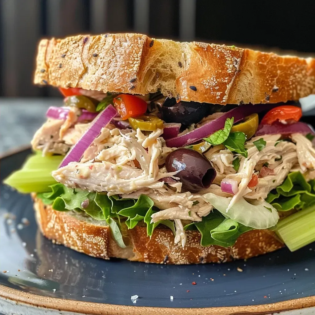 Close-up of a juicy Mediterranean Turkey Salad Sandwich with colorful ingredients.