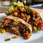 ['A side view of Mexican quinoa wraps filled with colorful vegetables and black beans.', 'Close-up shot of a delicious quinoa wrap showcasing vibrant ingredients like corn and peppers.', 'Juicy Mexican quinoa wraps neatly arranged, highlighting their fresh fillings.', 'An appetizing side view of quinoa wraps with a rich assortment of fillings and sauces.']