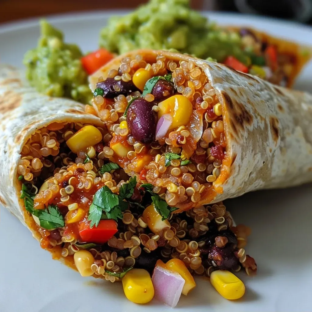 A side view of Mexican quinoa wraps filled with colorful vegetables and black beans.
