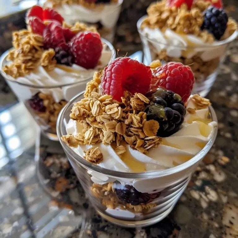 ['Close-up view of layered mini parfait cups filled with Greek yogurt, granola, and mixed berries.', 'Side view of a mini parfait cup showcasing yogurt, granola, and colorful berries in a glass.', 'A detailed image of a mini parfait cup filled with yogurt, honey, berries, and granola layers.', 'Vertical image of a mini parfait cup featuring vibrant mixed berries, Greek yogurt, and crunchy granola.']