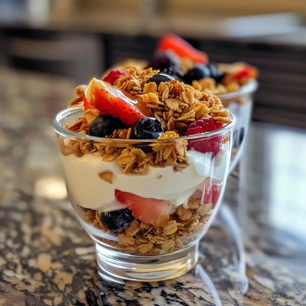 Close-up view of layered mini parfait cups filled with Greek yogurt, granola, and mixed berries.