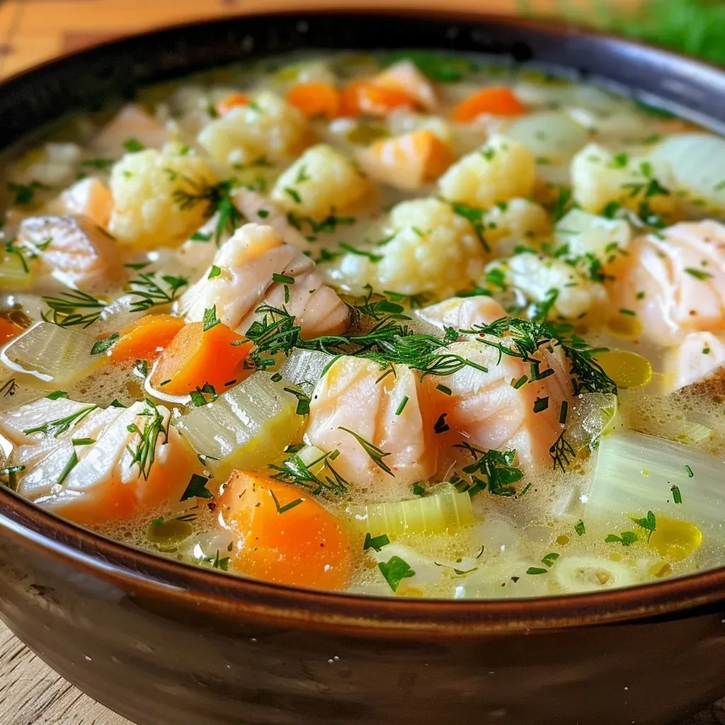 ['Close-up of a bowl of Norwegian fish soup with visible salmon chunks and colorful vegetables.', 'Side view of a creamy Norwegian fish soup garnished with dill and served in a rustic bowl.', 'Juicy Norwegian fish soup featuring salmon, leeks, and cauliflower in a rich broth.', 'Tasty fish soup with fresh ingredients, showing the vibrant colors of vegetables and fish.']