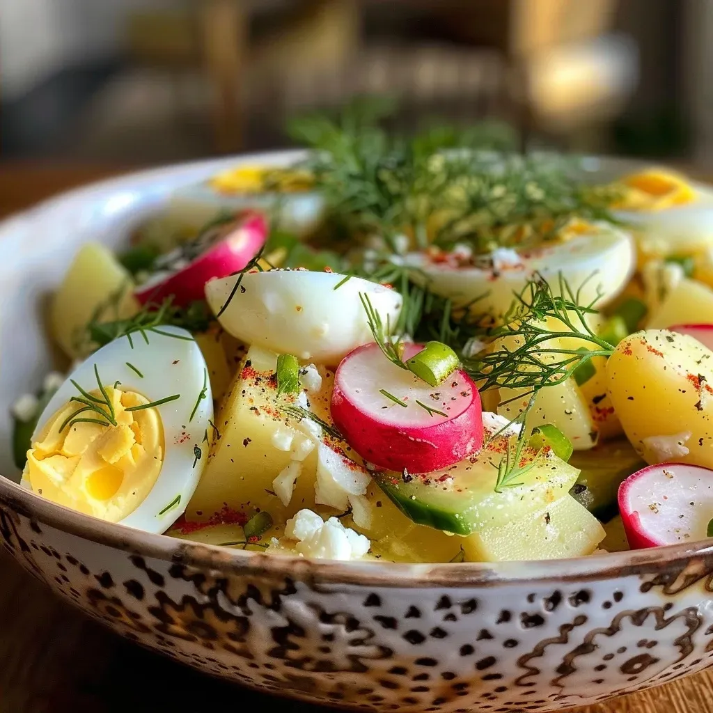 A close-up view of a vibrant Okroshka dish featuring diced vegetables and chicken.