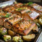 ['Close-up view of juicy salmon fillets glazed with maple syrup alongside roasted Brussels sprouts and fingerling potatoes.', 'A vibrant plate featuring maple-glazed salmon, golden fingerling potatoes, and halved Brussels sprouts, all in a one-pan presentation.', 'An appetizing arrangement of salmon, Brussels sprouts, and potatoes, showcasing a glossy maple glaze and fresh lemon wedges.', 'Side view close-up of a delicious one-pan meal with salmon, Brussels sprouts, and potatoes, drizzled with a sweet maple glaze.']