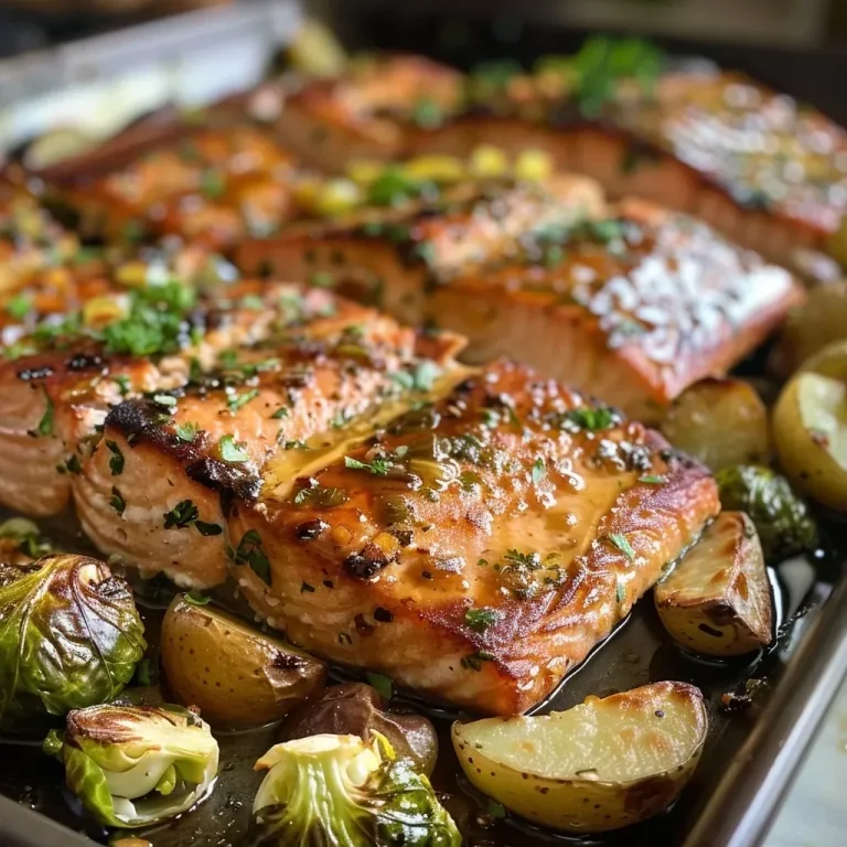 ['Close-up view of juicy salmon fillets glazed with maple syrup alongside roasted Brussels sprouts and fingerling potatoes.', 'A vibrant plate featuring maple-glazed salmon, golden fingerling potatoes, and halved Brussels sprouts, all in a one-pan presentation.', 'An appetizing arrangement of salmon, Brussels sprouts, and potatoes, showcasing a glossy maple glaze and fresh lemon wedges.', 'Side view close-up of a delicious one-pan meal with salmon, Brussels sprouts, and potatoes, drizzled with a sweet maple glaze.']