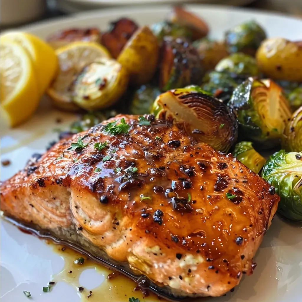 ['Close-up view of juicy salmon fillets glazed with maple syrup alongside roasted Brussels sprouts and fingerling potatoes.', 'A vibrant plate featuring maple-glazed salmon, golden fingerling potatoes, and halved Brussels sprouts, all in a one-pan presentation.', 'An appetizing arrangement of salmon, Brussels sprouts, and potatoes, showcasing a glossy maple glaze and fresh lemon wedges.', 'Side view close-up of a delicious one-pan meal with salmon, Brussels sprouts, and potatoes, drizzled with a sweet maple glaze.']
