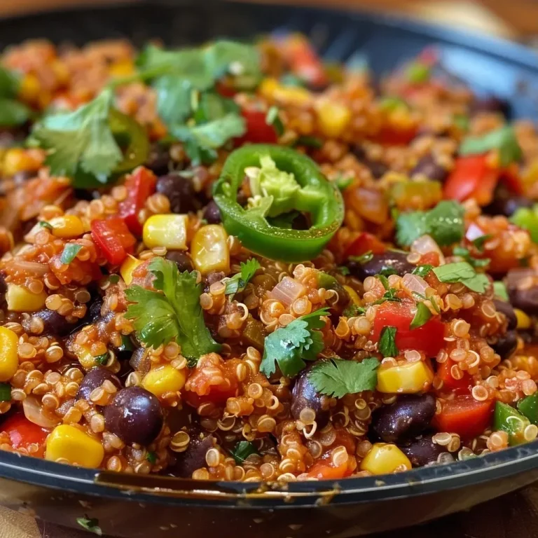 ['A vibrant bowl of One Pan Mexican Quinoa featuring colorful ingredients and garnished with cilantro.', 'Close-up of a serving of One Pan Mexican Quinoa with visible black beans, corn, and peppers.', 'Side view of a delicious One Pan Mexican Quinoa dish, highlighting its texture and colors.', 'A mouthwatering dish of One Pan Mexican Quinoa, showcasing a blend of quinoa, beans, and fresh vegetables.']