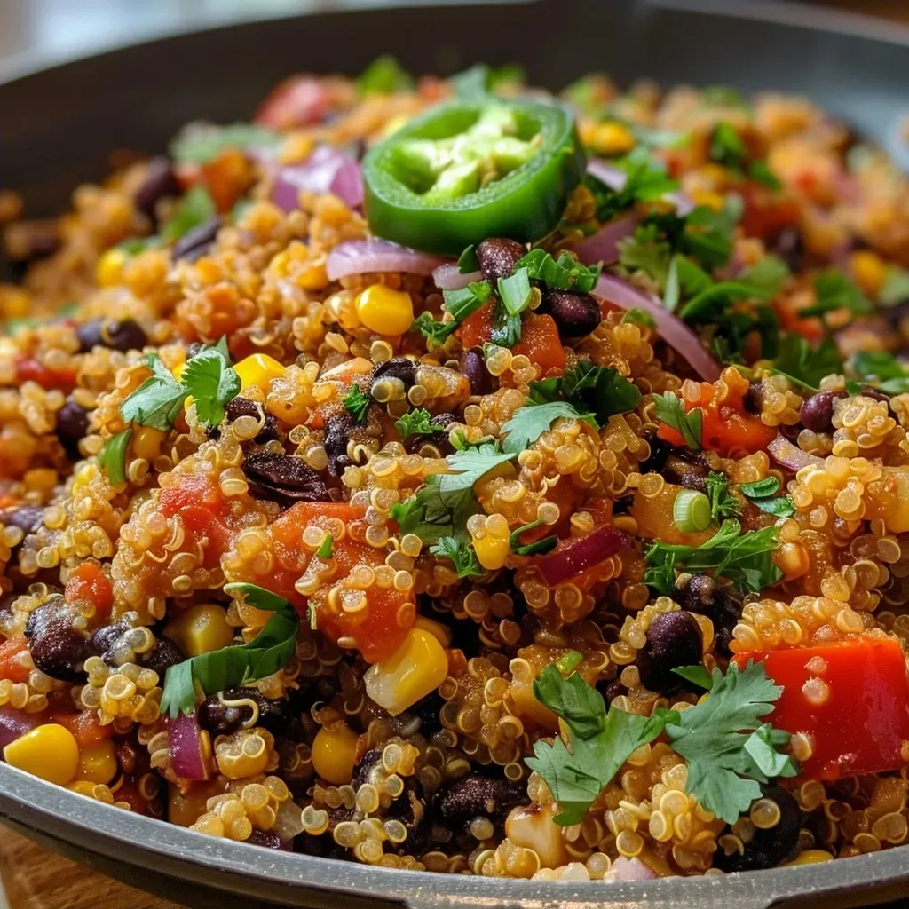 A vibrant bowl of One Pan Mexican Quinoa featuring colorful ingredients and garnished with cilantro.