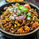 ['Close-up view of a bowl of One Pot Mexican Lentils with colorful ingredients.', 'Side view of a vibrant One Pot Mexican Lentils dish topped with cheddar cheese.', 'Juicy One Pot Mexican Lentils featuring diced sweet potatoes and black beans.', 'A hearty serving of One Pot Mexican Lentils with a variety of vegetables.']