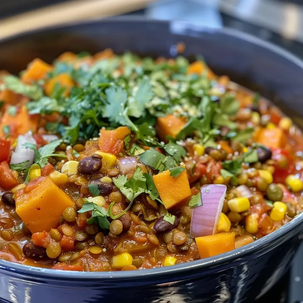 ['Close-up view of a bowl of One Pot Mexican Lentils with colorful ingredients.', 'Side view of a vibrant One Pot Mexican Lentils dish topped with cheddar cheese.', 'Juicy One Pot Mexican Lentils featuring diced sweet potatoes and black beans.', 'A hearty serving of One Pot Mexican Lentils with a variety of vegetables.']