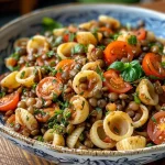 ['Close-up of a bowl filled with vibrant pasta and lentils topped with cherry tomatoes.', 'Side view of delicious pasta mixed with lentils, drizzled with olive oil and garnished with tomatoes.', 'Tasty dish featuring small pasta shapes and lentils in a savory broth with visible garlic and onion.', 'Colorful close-up of lentils and pasta, showcasing the texture and ingredients in a rustic bowl.']