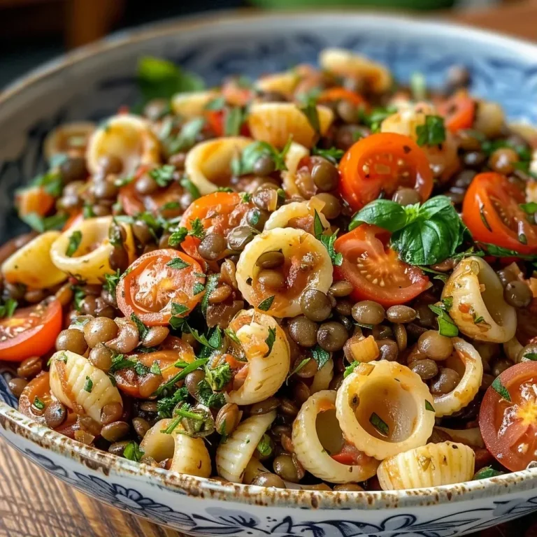 ['Close-up of a bowl filled with vibrant pasta and lentils topped with cherry tomatoes.', 'Side view of delicious pasta mixed with lentils, drizzled with olive oil and garnished with tomatoes.', 'Tasty dish featuring small pasta shapes and lentils in a savory broth with visible garlic and onion.', 'Colorful close-up of lentils and pasta, showcasing the texture and ingredients in a rustic bowl.']