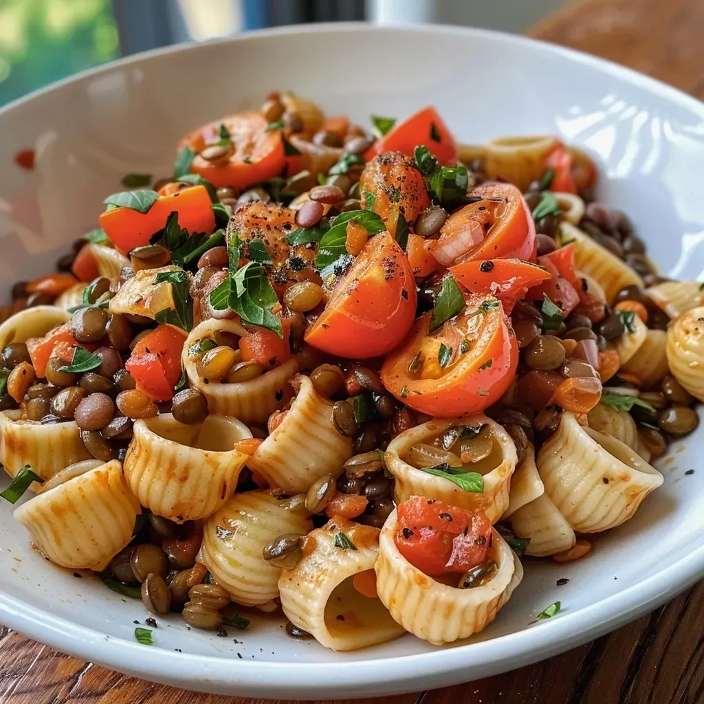 ['Close-up of a bowl filled with vibrant pasta and lentils topped with cherry tomatoes.', 'Side view of delicious pasta mixed with lentils, drizzled with olive oil and garnished with tomatoes.', 'Tasty dish featuring small pasta shapes and lentils in a savory broth with visible garlic and onion.', 'Colorful close-up of lentils and pasta, showcasing the texture and ingredients in a rustic bowl.']