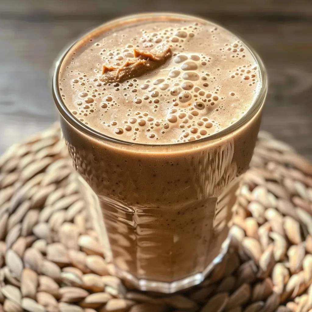 Close-up of a creamy peanut butter smoothie in a glass with a banana slice on top.