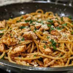 ['Close-up of juicy chicken spaghetti with garlic and Parmesan.', 'Side view of a plate of chicken spaghetti garnished with parsley.', 'Delicious chicken pasta dish with spaghetti and herbs.', 'Colorful close-up of chicken strips mixed with whole wheat spaghetti.']