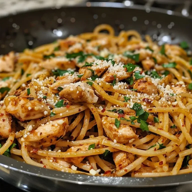['Close-up of juicy chicken spaghetti with garlic and Parmesan.', 'Side view of a plate of chicken spaghetti garnished with parsley.', 'Delicious chicken pasta dish with spaghetti and herbs.', 'Colorful close-up of chicken strips mixed with whole wheat spaghetti.']