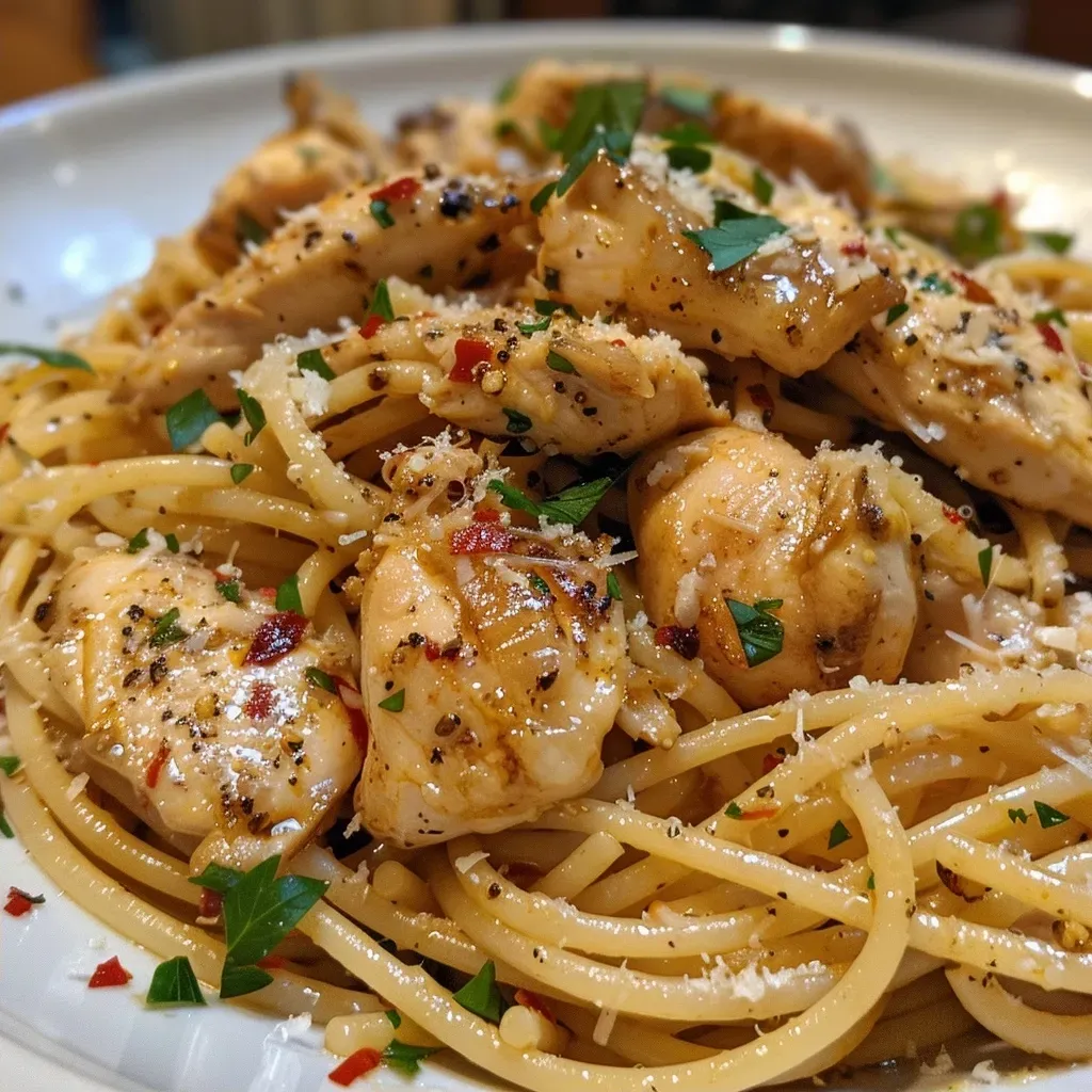 Close-up of juicy chicken spaghetti with garlic and Parmesan.