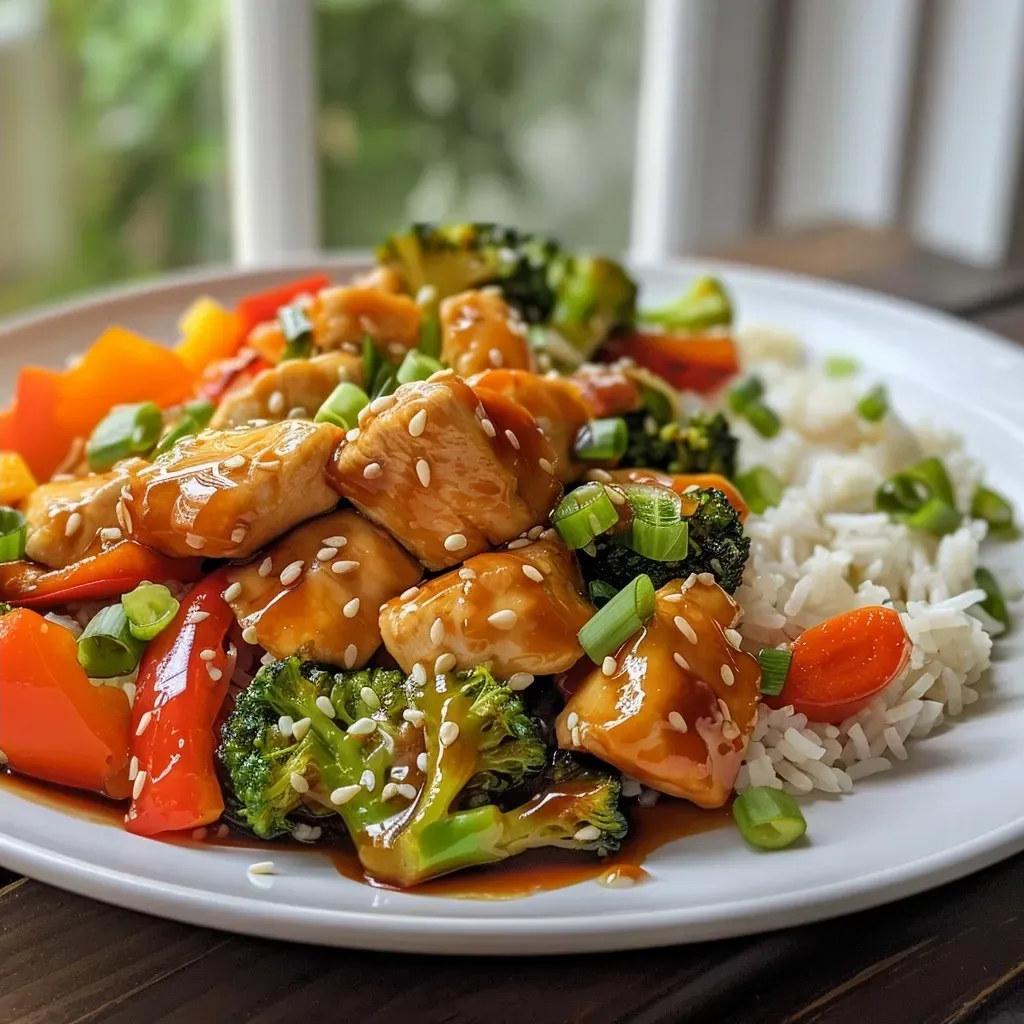 ['Juicy chicken stir fry with vibrant vegetables in a skillet.', 'Close-up of a colorful stir fry featuring chicken and fresh veggies.', 'Delicious chicken stir fry with broccoli, bell peppers, and carrots.', 'Freshly cooked stir fry in a skillet, showcasing chicken and greens.']