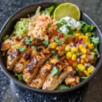 ['Close-up of a colorful chicken taco bowl with grilled chicken, lettuce, corn, guacamole, cheese, and yogurt.', 'Side view of a protein-packed taco bowl featuring grilled chicken, fresh vegetables, and toppings.', 'Juicy taco bowl filled with grilled chicken, corn, lettuce, guacamole, and Greek yogurt.', 'High-protein chicken taco bowl showcasing vibrant ingredients like corn, lettuce, and cheese.']