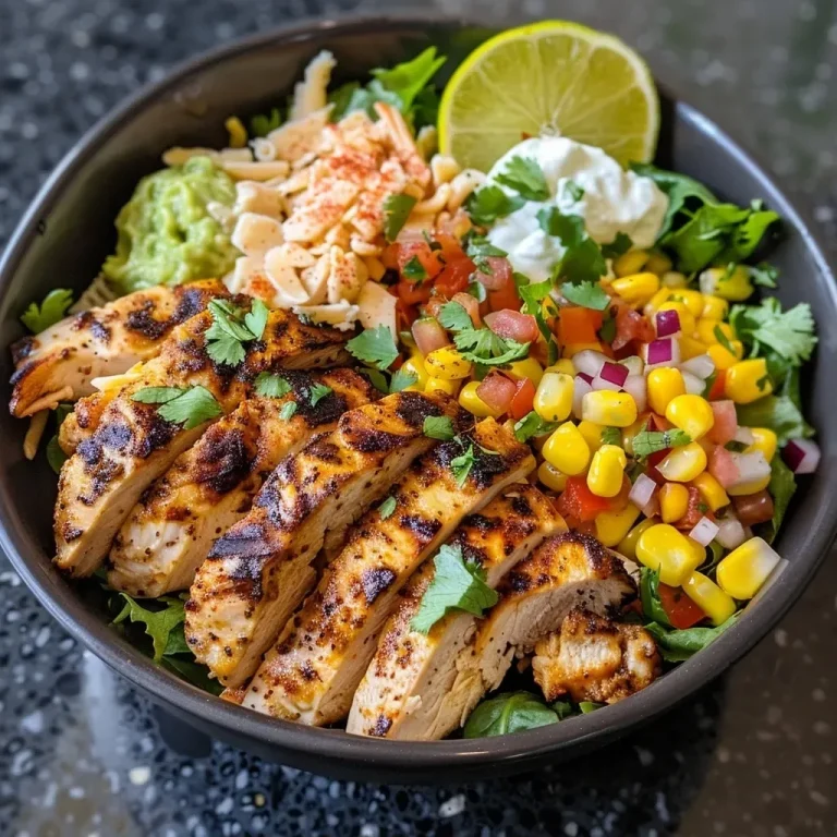 ['Close-up of a colorful chicken taco bowl with grilled chicken, lettuce, corn, guacamole, cheese, and yogurt.', 'Side view of a protein-packed taco bowl featuring grilled chicken, fresh vegetables, and toppings.', 'Juicy taco bowl filled with grilled chicken, corn, lettuce, guacamole, and Greek yogurt.', 'High-protein chicken taco bowl showcasing vibrant ingredients like corn, lettuce, and cheese.']