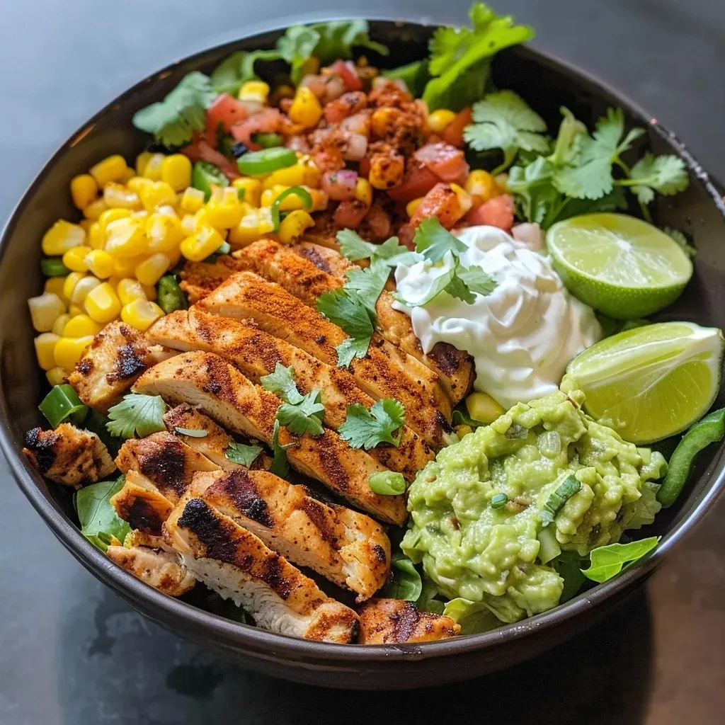['Close-up of a colorful chicken taco bowl with grilled chicken, lettuce, corn, guacamole, cheese, and yogurt.', 'Side view of a protein-packed taco bowl featuring grilled chicken, fresh vegetables, and toppings.', 'Juicy taco bowl filled with grilled chicken, corn, lettuce, guacamole, and Greek yogurt.', 'High-protein chicken taco bowl showcasing vibrant ingredients like corn, lettuce, and cheese.']