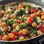 ['Close-up view of a skillet filled with Mediterranean chickpeas, garnished with feta and spinach.', 'Juicy Mediterranean chickpeas in a skillet with olives and tomatoes, ready to serve.', 'Side view of a delicious chickpea dish featuring fresh herbs and vibrant vegetables.', 'A colorful Mediterranean chickpeas skillet showcasing a medley of ingredients.']