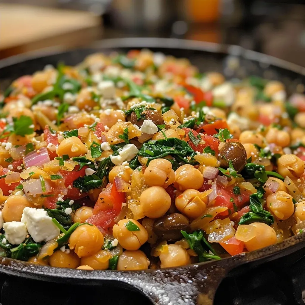 ['Close-up view of a skillet filled with Mediterranean chickpeas, garnished with feta and spinach.', 'Juicy Mediterranean chickpeas in a skillet with olives and tomatoes, ready to serve.', 'Side view of a delicious chickpea dish featuring fresh herbs and vibrant vegetables.', 'A colorful Mediterranean chickpeas skillet showcasing a medley of ingredients.']