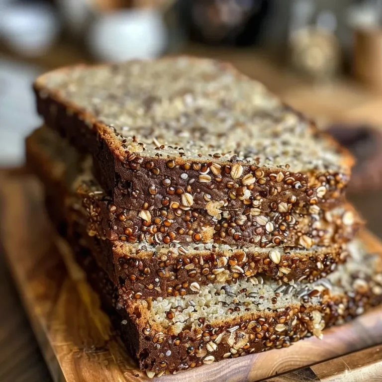 ['Close-up of a slice of quinoa bread showcasing its texture and seeds.', 'Side view of freshly baked quinoa bread with visible seeds and a crusty surface.', 'Juicy and moist quinoa bread slice, revealing its fluffy interior and seed topping.', 'Detailed view of quinoa bread with a golden crust, highlighting its wholesome ingredients.']