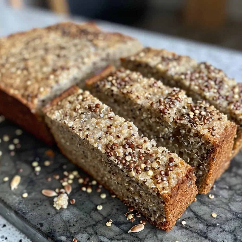 Close-up of a slice of quinoa bread showcasing its texture and seeds.