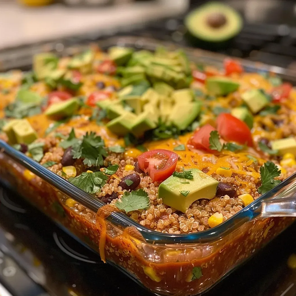 ['Close-up view of a layered Quinoa Enchilada Casserole with cheese and colorful toppings.', 'Side view showcasing the vibrant layers of quinoa, beans, and cheese in an enchilada casserole.', 'A delicious quinoa enchilada casserole with melted cheese, topped with diced avocado and tomato.', 'Juicy Quinoa Enchilada Casserole served in a baking dish, highlighting the colorful ingredients.']