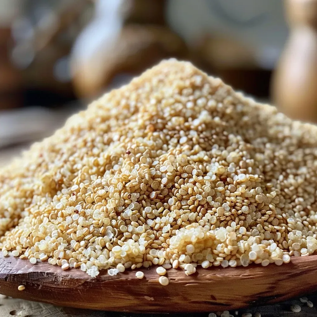 Close-up of a textured pile of quinoa flour in a wooden bowl.