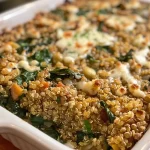 ['A close-up view of a quinoa lentil spinach bake, showcasing its golden cheese topping and vibrant green spinach.', 'A side view of a nutritious quinoa lentil spinach bake, highlighting the layers of ingredients including quinoa, lentils, and melted cheese.', 'A freshly baked quinoa lentil spinach dish, featuring a thick texture and sprinkled cheese, set on a wooden table.', 'A mouthwatering quinoa lentil spinach bake, displaying a rich, cheesy crust and pieces of green spinach throughout.']