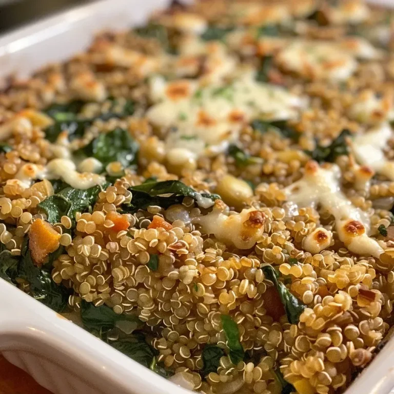 ['A close-up view of a quinoa lentil spinach bake, showcasing its golden cheese topping and vibrant green spinach.', 'A side view of a nutritious quinoa lentil spinach bake, highlighting the layers of ingredients including quinoa, lentils, and melted cheese.', 'A freshly baked quinoa lentil spinach dish, featuring a thick texture and sprinkled cheese, set on a wooden table.', 'A mouthwatering quinoa lentil spinach bake, displaying a rich, cheesy crust and pieces of green spinach throughout.']