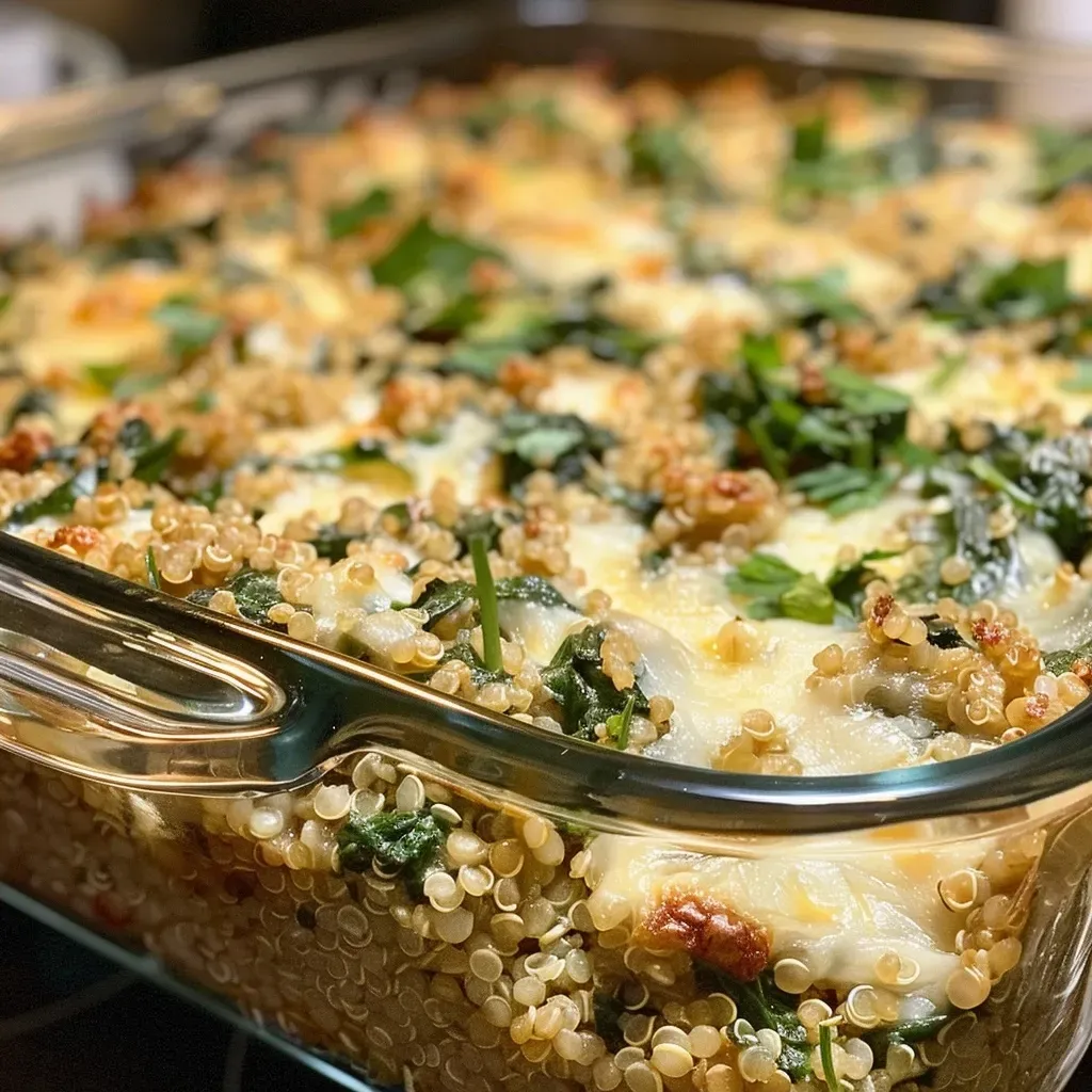 A close-up view of a quinoa lentil spinach bake, showcasing its golden cheese topping and vibrant green spinach.