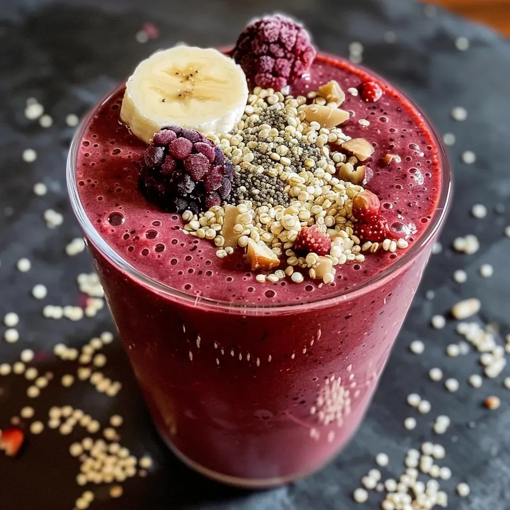 Close-up side view of a vibrant quinoa smoothie in a clear glass, topped with mixed berries.