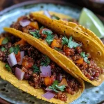 ['Close-up view of quinoa taco meat in a bowl, highlighting its texture and colors.', 'Juicy quinoa taco meat with vibrant spices and ingredients, captured from the side.', 'Detailed side view of a serving of quinoa taco meat, showcasing its hearty appearance.', 'Colorful quinoa taco meat positioned in a bowl, emphasizing its fresh ingredients.']