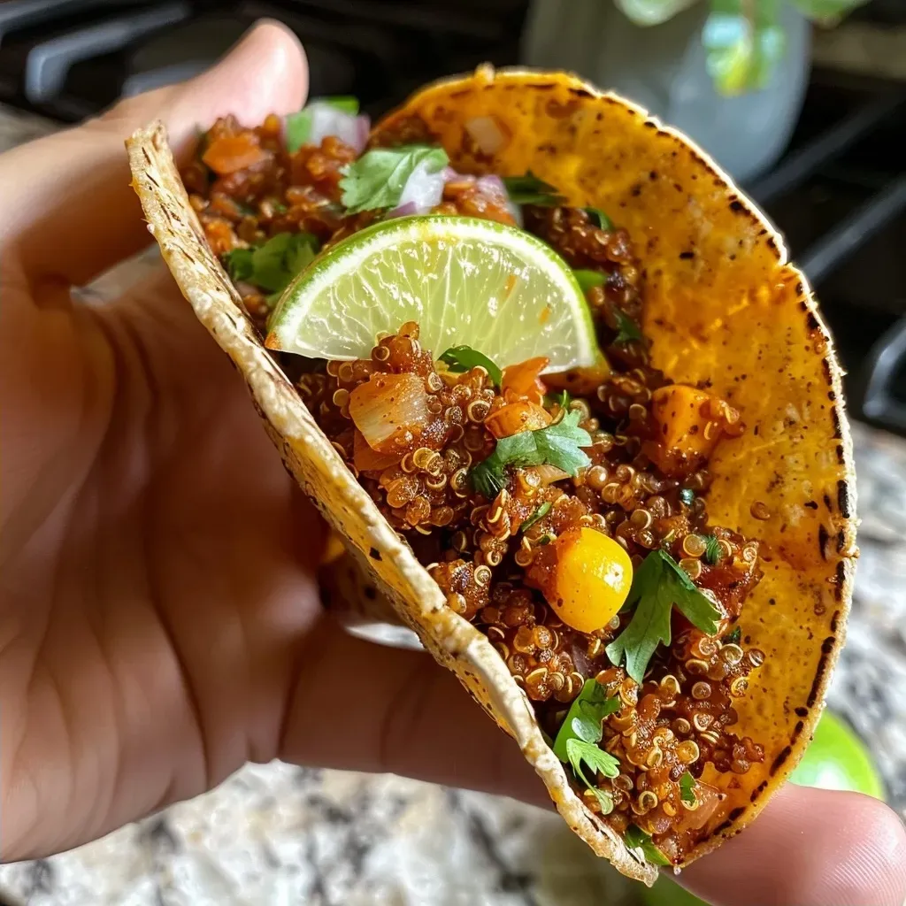 ['Close-up view of quinoa taco meat in a bowl, highlighting its texture and colors.', 'Juicy quinoa taco meat with vibrant spices and ingredients, captured from the side.', 'Detailed side view of a serving of quinoa taco meat, showcasing its hearty appearance.', 'Colorful quinoa taco meat positioned in a bowl, emphasizing its fresh ingredients.']