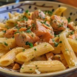 ['Close-up view of a plate of salmon pasta garnished with parsley.', 'Side view of salmon pasta showcasing vibrant colors and textures.', 'Juicy salmon chunks mixed with penne pasta and herbs in a bowl.', 'Cream-free salmon pasta dish with olive oil and garlic topping.']